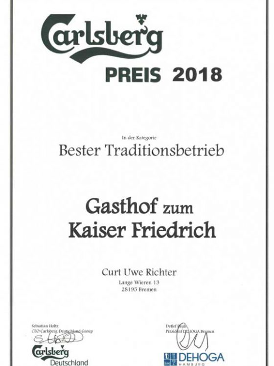 Urkunde Bester Traditionsbetrieb in Bremen